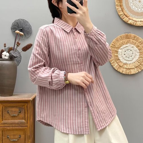 宽松文艺单排扣长袖全棉衬衫