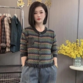 条纹毛衣针拼色宽松百搭外套 休闲时尚 棉线针织衫 女2026春秋新款