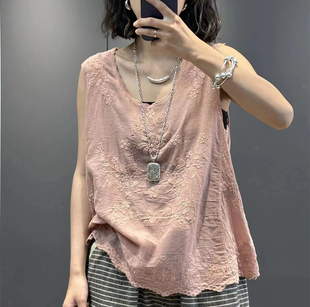 6582夏季 宽松上衣 休闲简约百搭水绣圆领背心无袖