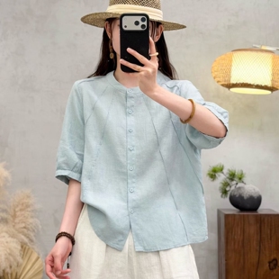 纯亚麻2026新款简约文艺宽松休闲百搭女士夏季五分袖立领纯色衬衫