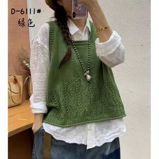A版 宽松大码 显瘦镂空花马甲 背心女2025春秋季 U型领棉线针织砍袖