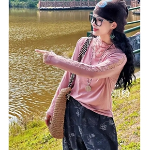 2025秋冬季新款时尚百搭立领拼接设计感长袖打底衫蕾丝T恤