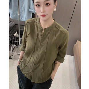 女士休闲时尚秋季新款立领长袖宽松显瘦百搭文艺衬衫纯棉衬衣