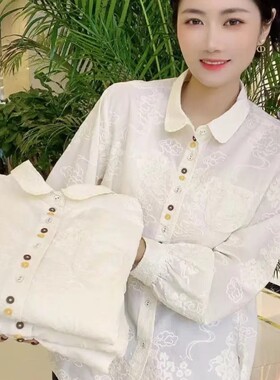 长袖全棉上衣刺绣衬衫宽松