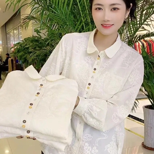 文艺刺绣棉衬衫女2024春季新款宽松娃娃领显瘦长袖气质优雅上衣