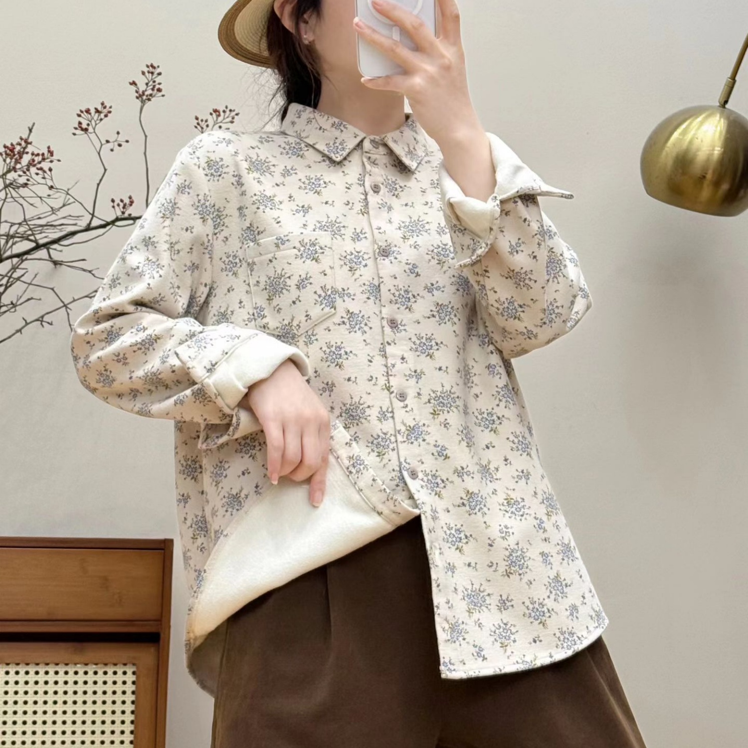 2025冬新品纯棉磨毛加绒加厚衬衫女宽松百搭印花保暖柔软打底衬衣