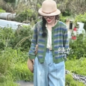 新款 时尚 复古百搭圆领条纹长袖 原创 开衫 秋季 针织短款 98703