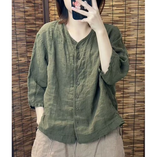 纯亚麻短袖衬衫女宽松显瘦上衣