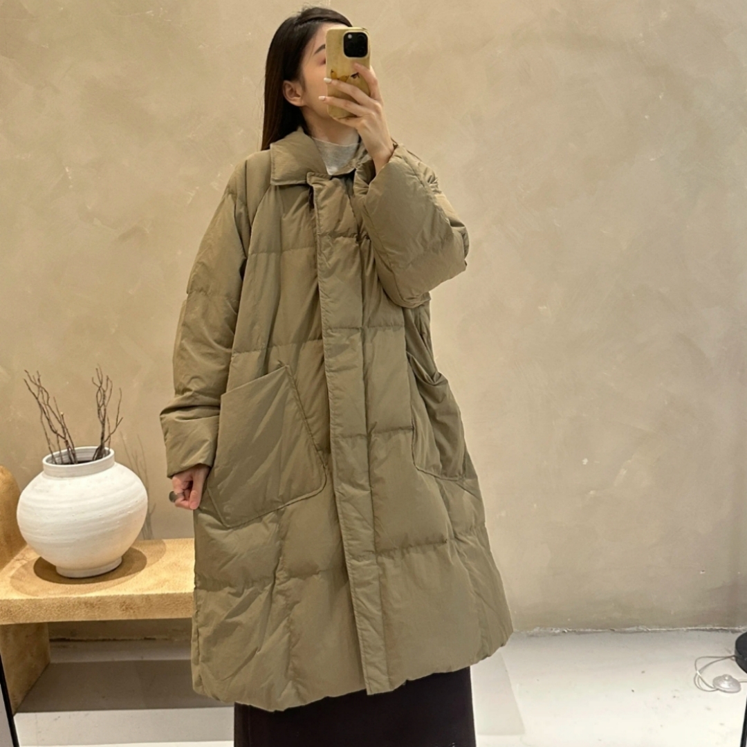 时尚白鸭绒长款翻领羽绒服