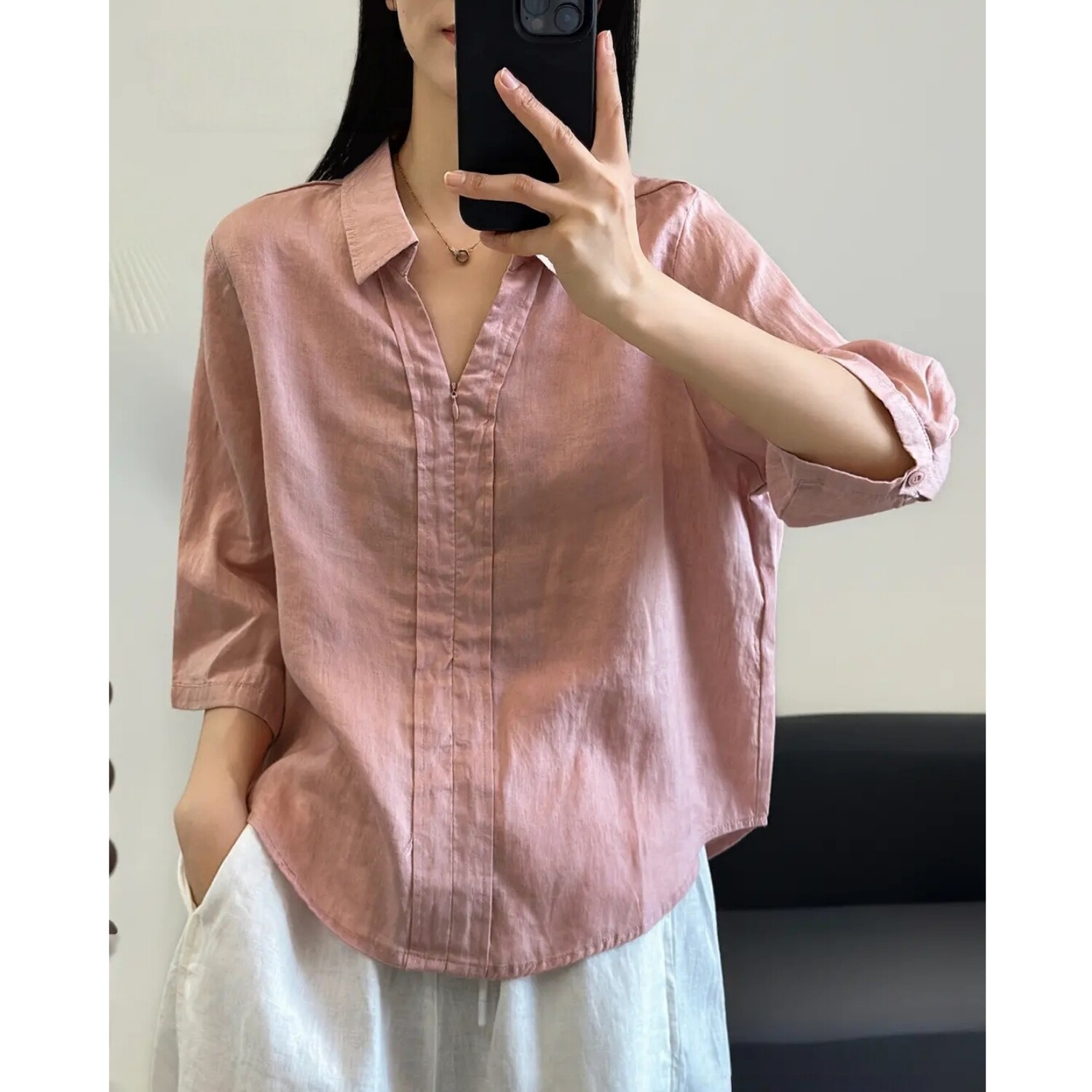 2026纯汉麻新款简约文艺宽松休闲百搭女士夏季半开领半开拉链衬衫