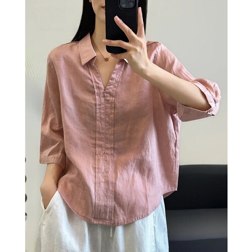 2026纯汉麻新款简约文艺宽松休闲百搭女士夏季半开领半开拉链衬衫
