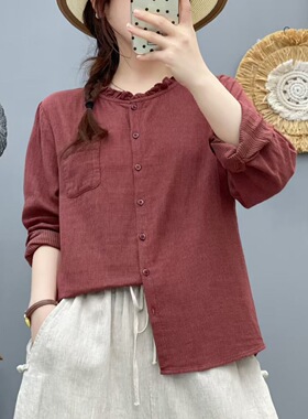 双层棉纱双色色织格纹千鸟格复古长袖春季休闲宽松女士复古衬衫