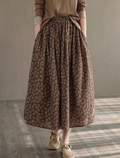 文艺田园风碎花半身裙夏季新款中腰宽松百搭A字百褶伞裙长裙