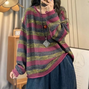 2025秋冬季棉线加厚针织衫宽松拼色女毛衫圆领长袖套头条纹毛衣