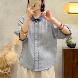 100.%苎麻刺绣衬衫女士七分袖夏季新款复古小衫宽松遮肚子上衣