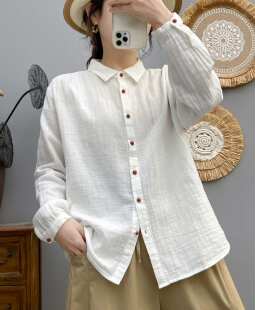 红色包扣双层棉纱长袖白衬衫女2024秋季设计感简约休闲衫防晒衬衣