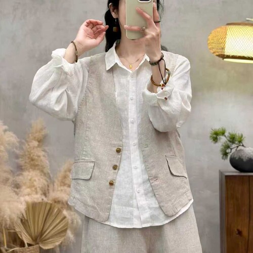 亚麻马甲女春夏款2026新款休闲薄款时髦洋气背心上衣棉麻开衫外套