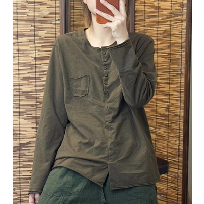 长袖t恤女2026春新款纯棉绿色慵懒风宽松遮肉打底可外穿圆领上衣