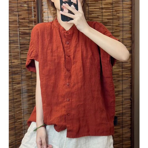 砂洗亚麻2026夏季新款休闲简约版衬衫复古文艺休闲立领开衫女
