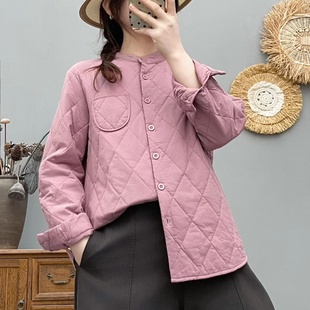 2025纯棉小立领菱格绗线拼接夹棉衬衫冬季新款时尚纯色女士棉服