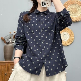 小碎花双层棉纱长袖衬衫女宽松显瘦秋季复古文艺休闲百搭打底衬衣