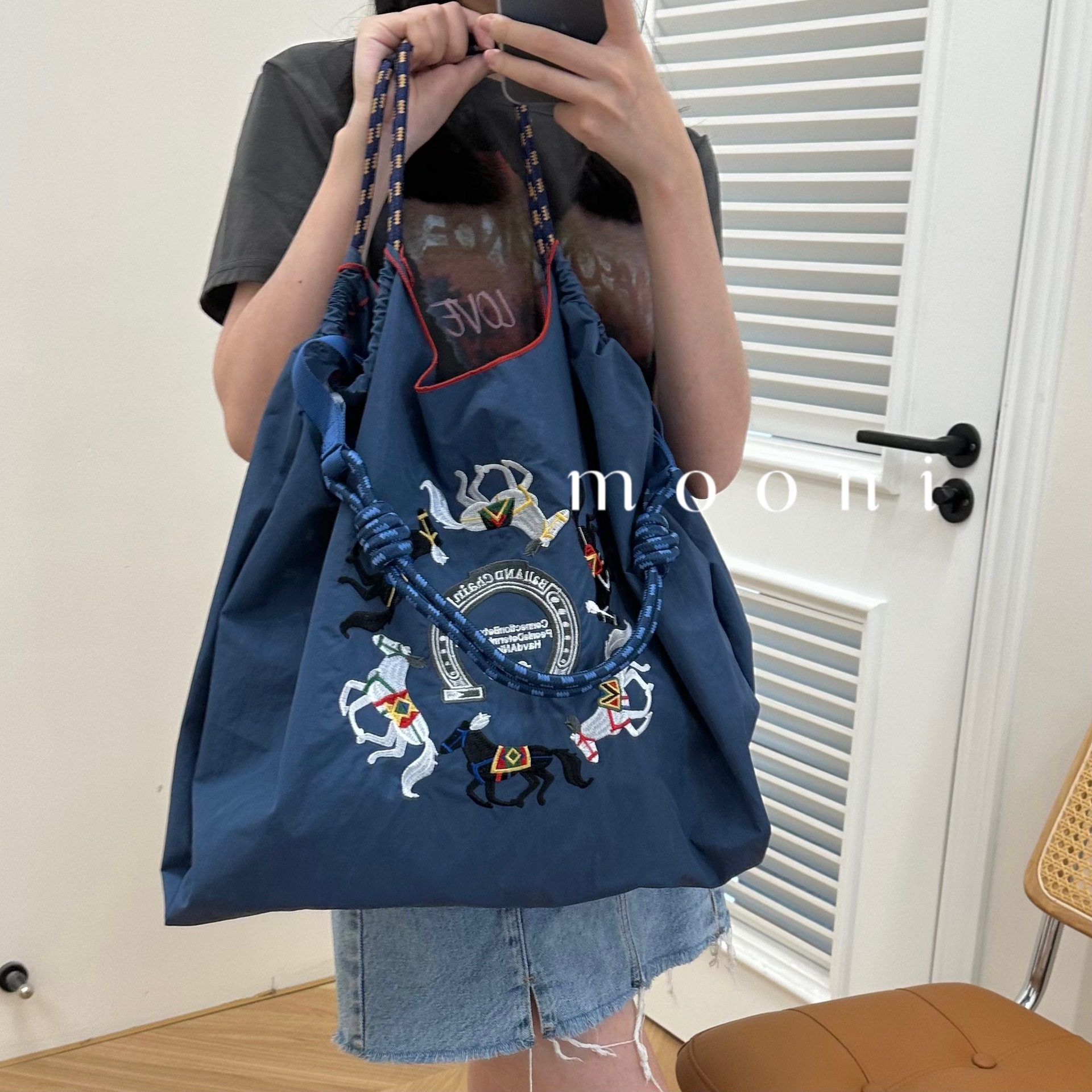 高圆圆同款ball chain购物袋尼龙布刺绣花手提帆布包尼龙购物袋
