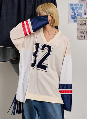 日单etsinta  拼接设计v领运动休闲宽松版上衣T恤