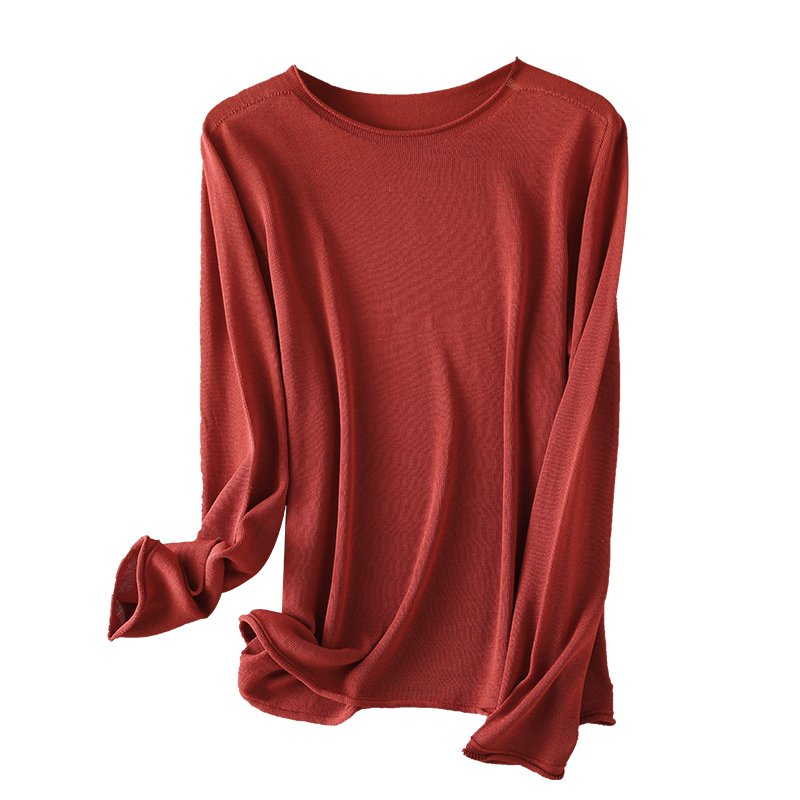 无缝一体卷边领桑蚕丝长袖打底衫