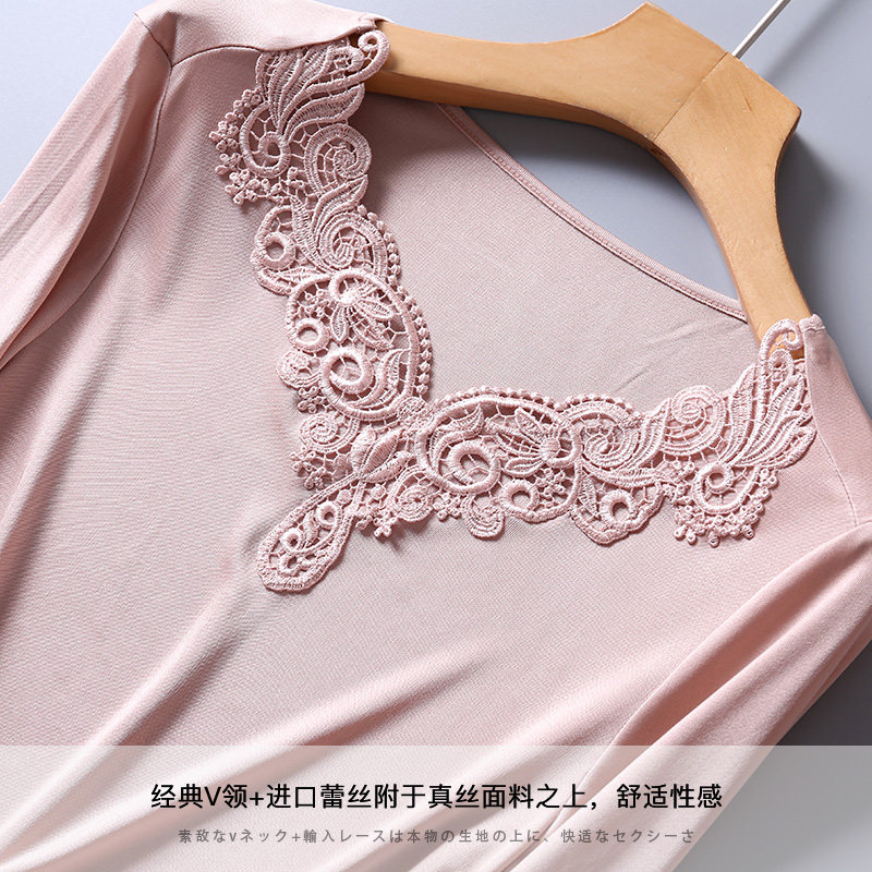 HIGH-END MULBERRY SILK WOMENS DOUBLE-SIDED KNITTED SILK UNDERWEAR SUIT LACE V-NECK WARM BOTTOMING SHIRT QIUYI LONG TROUSERS