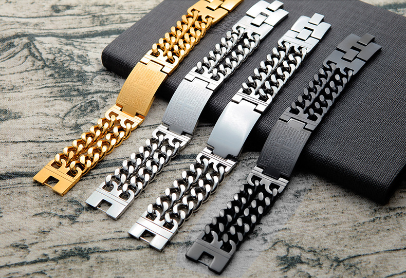 2022新款经典男士西班牙英文主祷文十字架钛钢手链韩版个性男手环