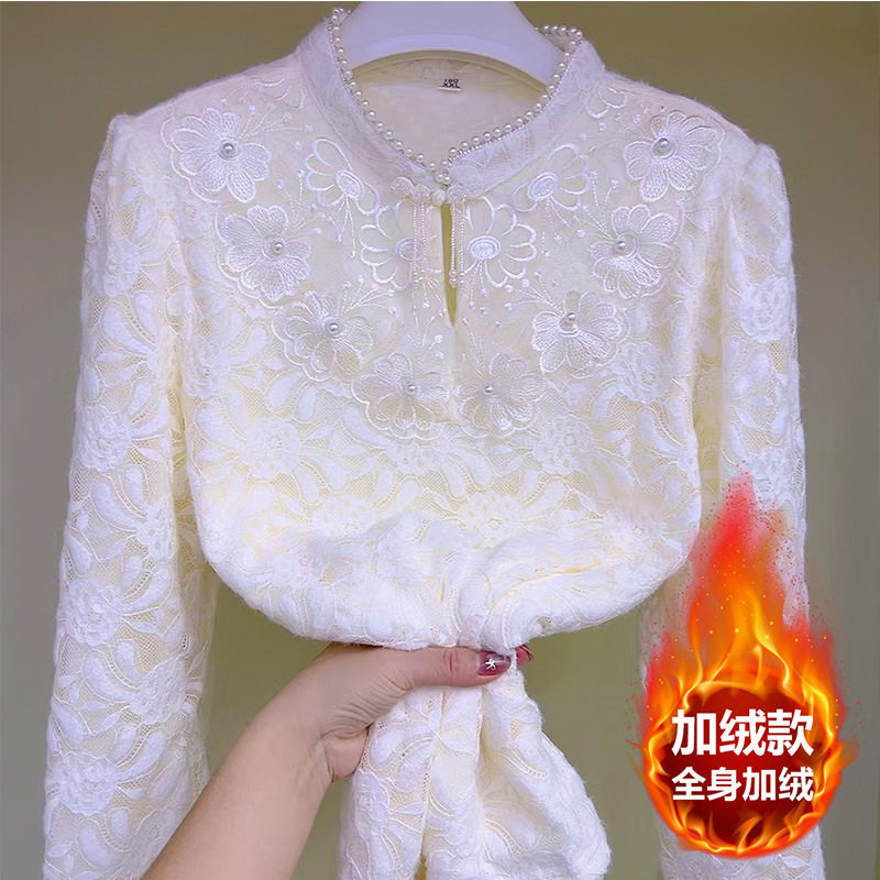 珍珠领配领结大码宽松加厚抗寒加绒冬季保暖新款套头中国风蕾丝衫