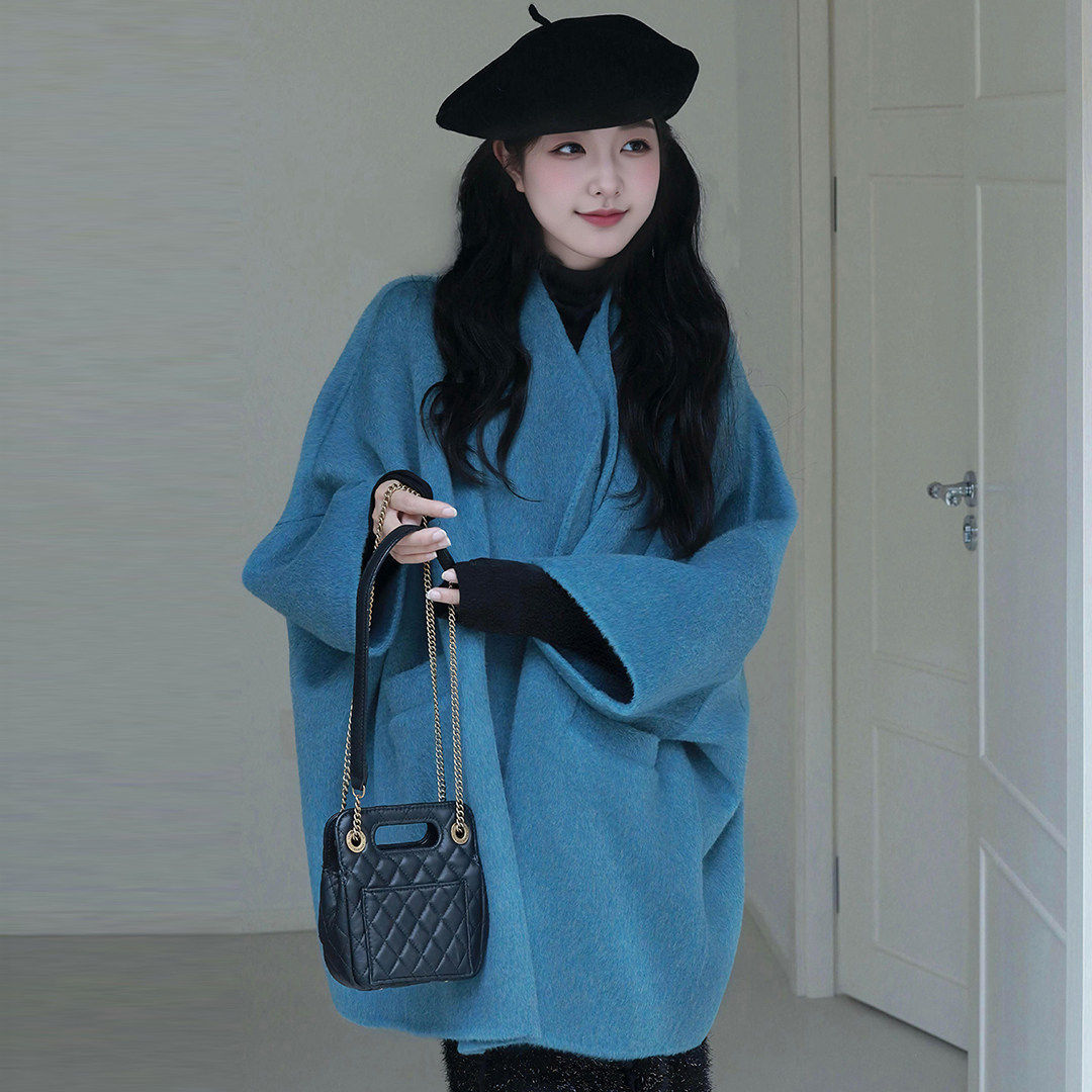 法式蓝色双面羊毛呢子大衣女2025秋季新款轻奢高级感短款毛呢外套