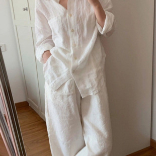两件套白色棉麻套装 长裤 女 简约休闲小香风百搭宽松衬衫 2026春新款