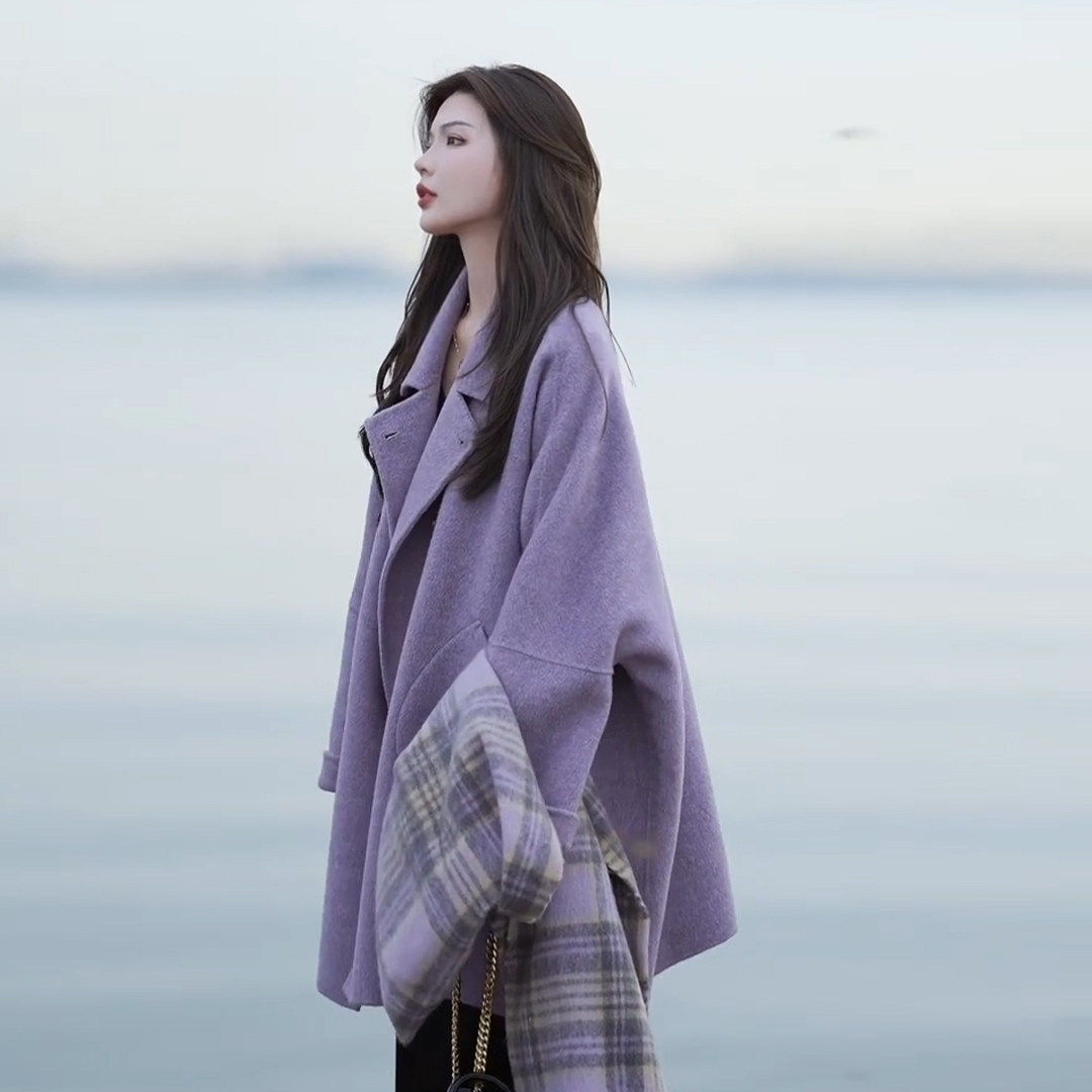紫色双面羊毛呢子大衣女冬季2025新款韩系高级感绝美漂亮毛呢外套