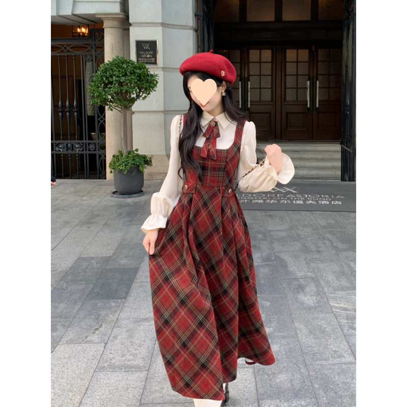 秋冬季法式复古衬衫毛呢格纹背带裙套装女红璃树莓上衣裙子两件套