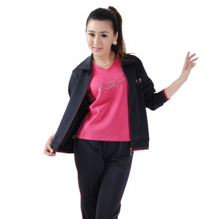 鲁美女士妈妈装运动套服秋装三件套运动长裤加大码中老年运动服33