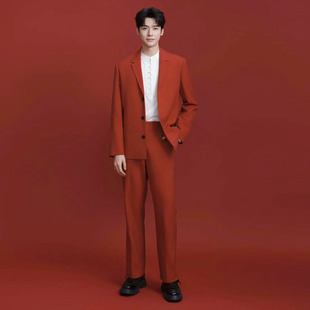 日韩歌手宽松公司年会酒会艺考演出直播团播发型师男红色西服套装