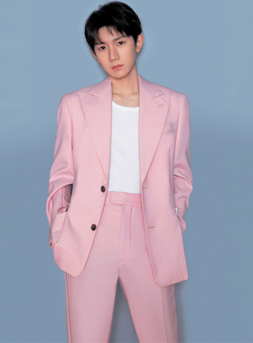 年会歌手演出长拉链男团跳舞主持人艺考舞台粉色西服套装1059