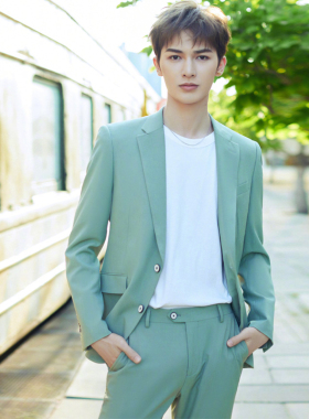 练习生同款演出舞台艺考发型师班服影楼拍照修身浅绿西服套装1064