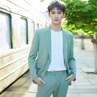 1064 浅绿西服套装 练习生同款 演出舞台艺考发型师班服影楼拍照修身