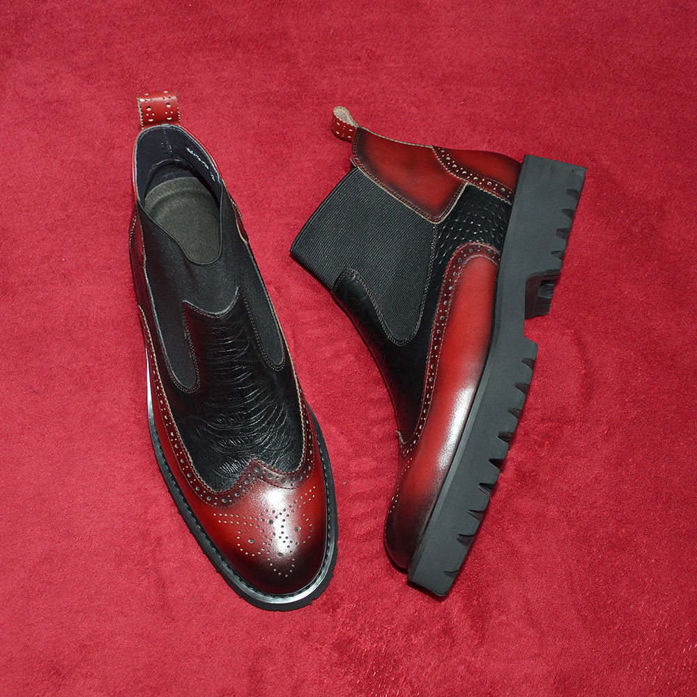 男士头层牛皮靴鳄鱼纹压花时尚马丁靴舒适柔软拼色皮靴切尔西男靴