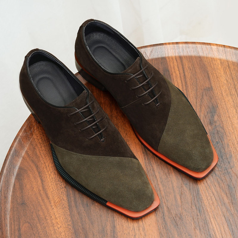 反绒质感皮鞋商务拼接磨砂绒系带尖头单鞋真皮鞋大码鞋男外贸男鞋