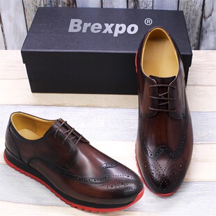 新款高档男士皮鞋休闲皮鞋真皮德比款日常男鞋时尚拼色鞋底系带鞋