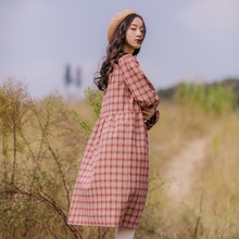 ins打底裙 连衣裙女中长款 小步格调2019秋季 文艺复古棉麻格子长袖