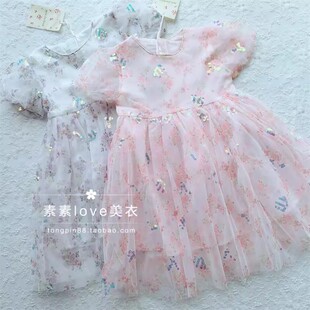 韩 包邮 女中小童120 130 网纱连衣裙 特亏清 碎花亮片泡泡袖 三件