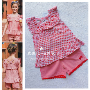 三件 7岁刺绣樱桃纯棉花边两件套装 包邮 女中小童2 法dan 敲可爱