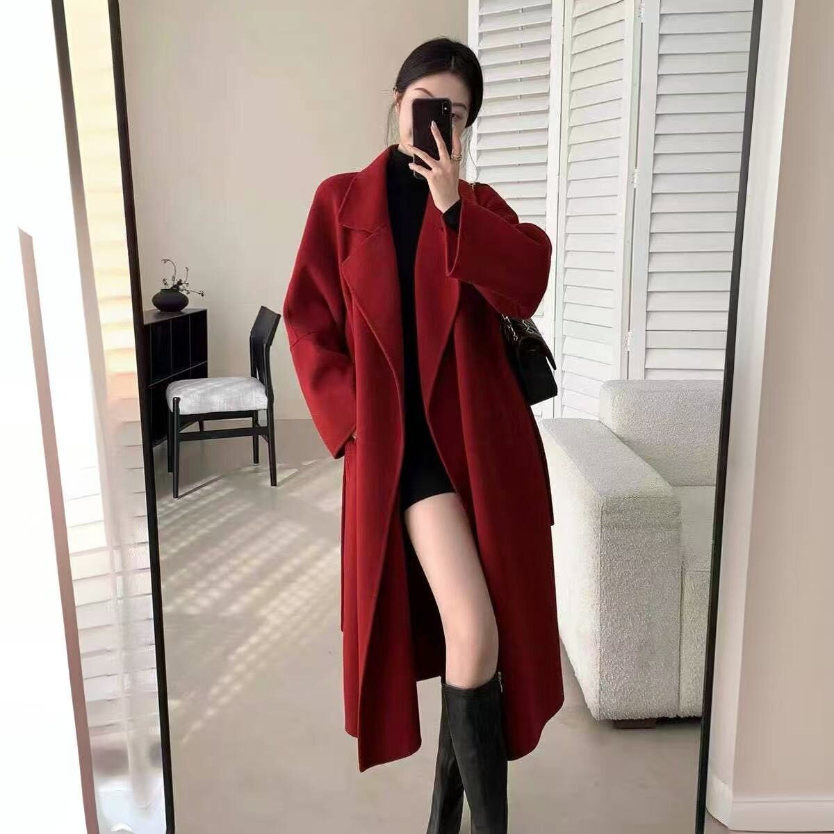 红色双面羊毛呢轻奢极简大衣女