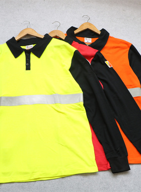 外贸 春夏男士反光条翻领长袖T恤珠地网眼PLOL衫工装长袖衬衫大码