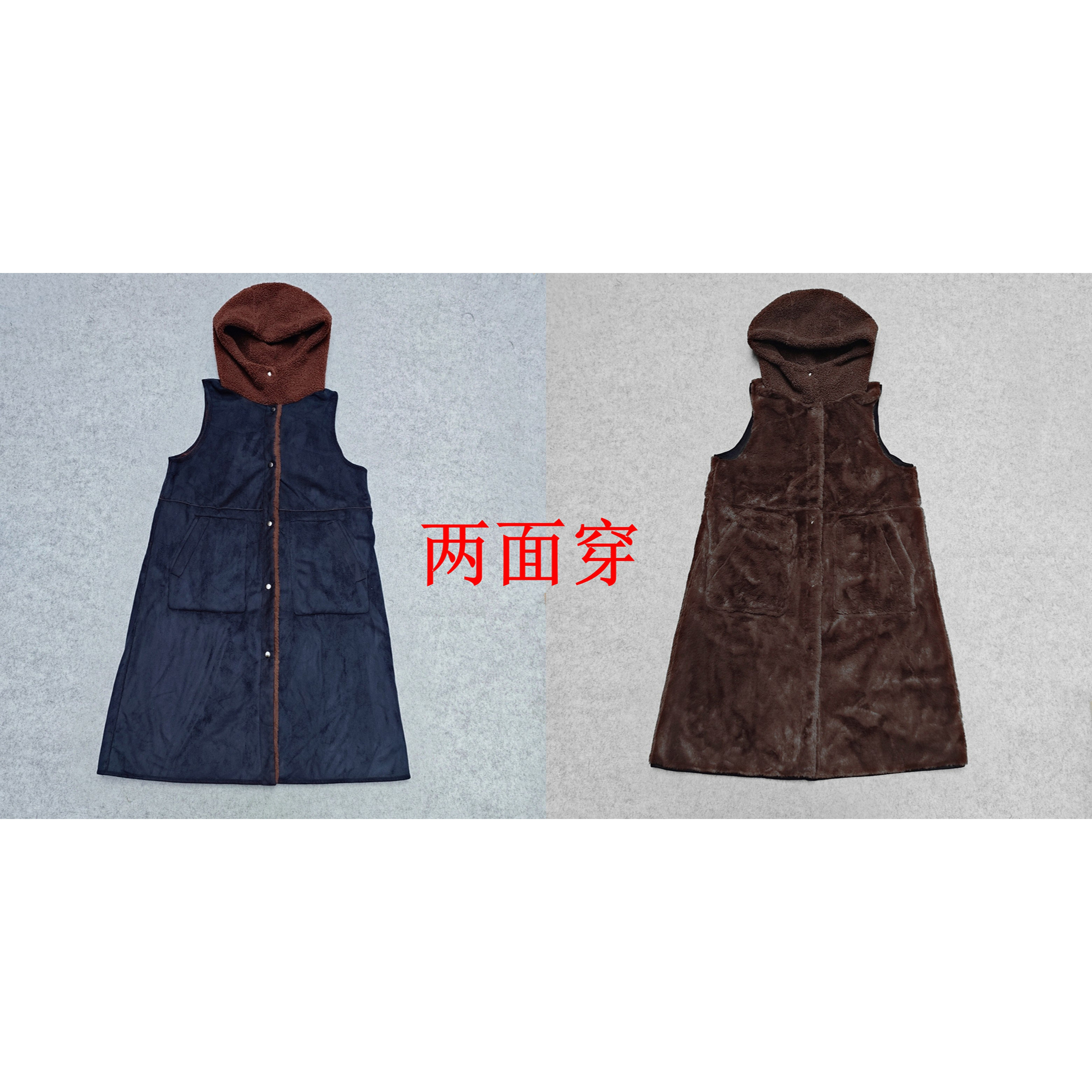 出口日单女秋冬复古连帽棉马甲外套鹿皮绒双面穿法兰绒中长款外套