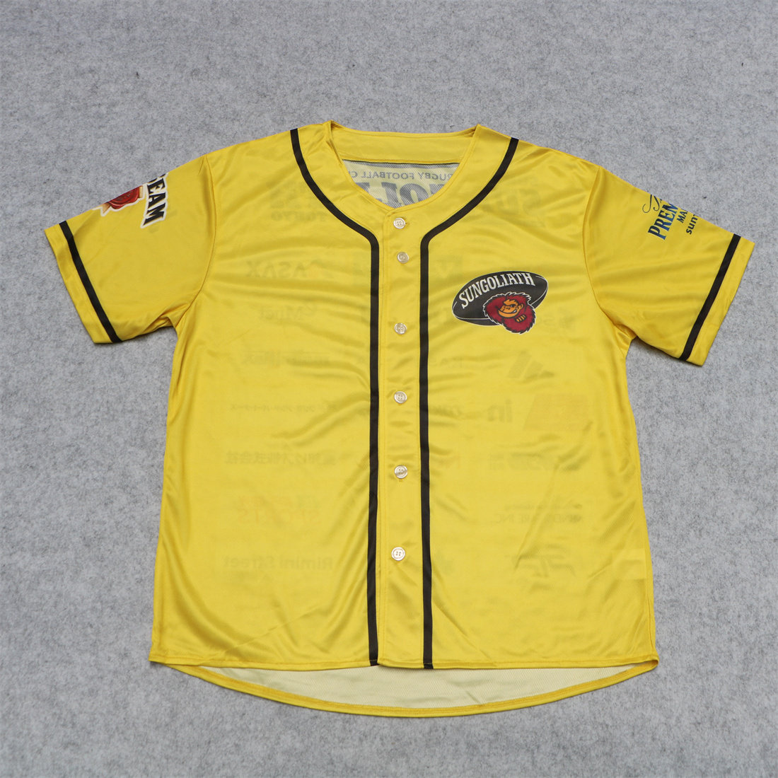 复古棒球风速干短袖球衣男士黄色圆领单排扣宽松T恤开衫运动上衣